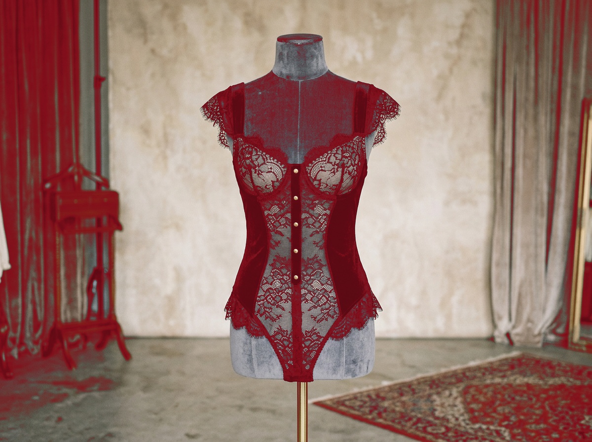 Body Sensual em Veludo Vinho Bordô & Renda